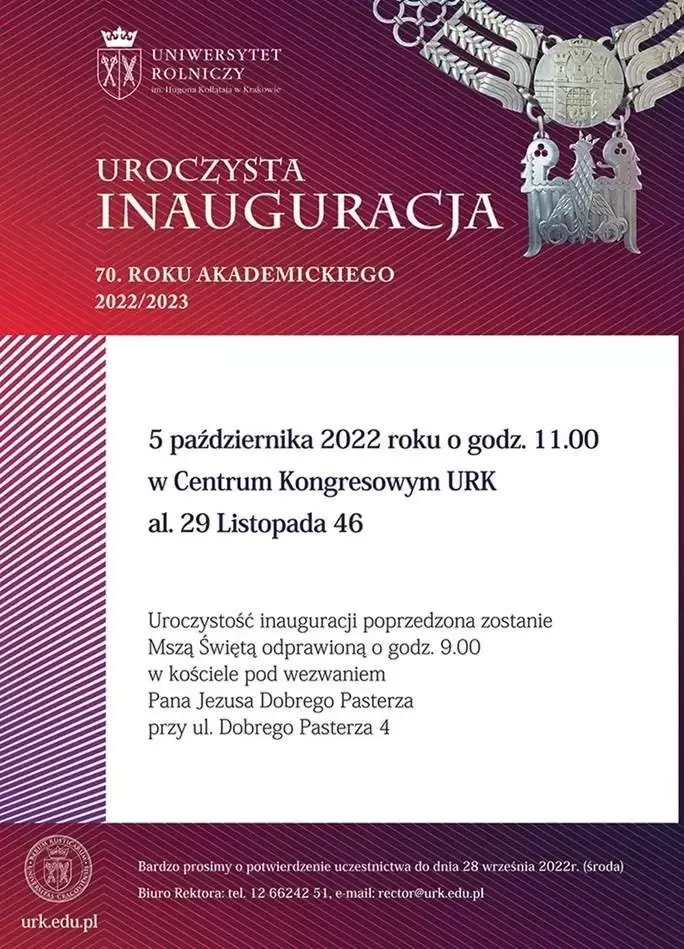 UROCZYSTA INAUGURACJA 70. ROKU AKADEMICKIEGO 2022/2023  NA UNIWERSYTECIE ROLNICZYM W KRAKOWIE