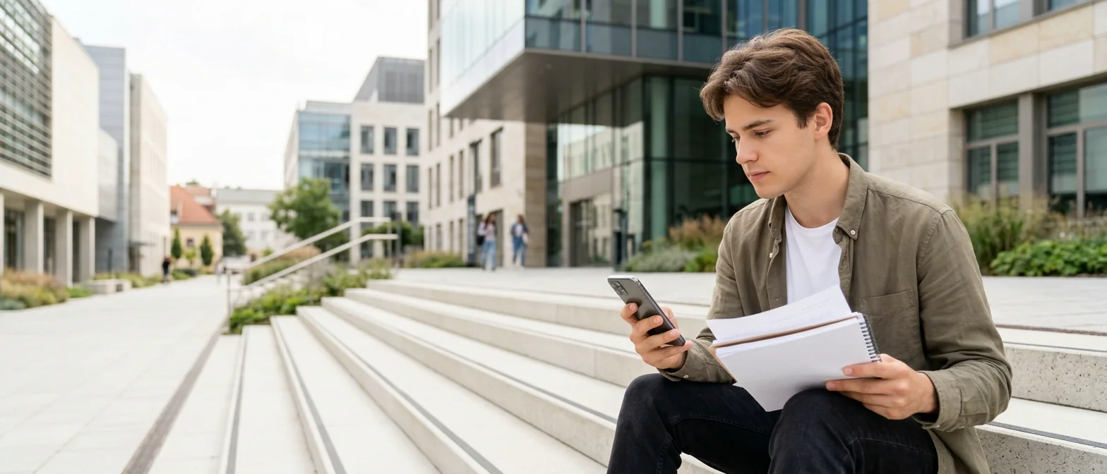Student na kampusie sprawdza telefon, trzymając zeszyt
